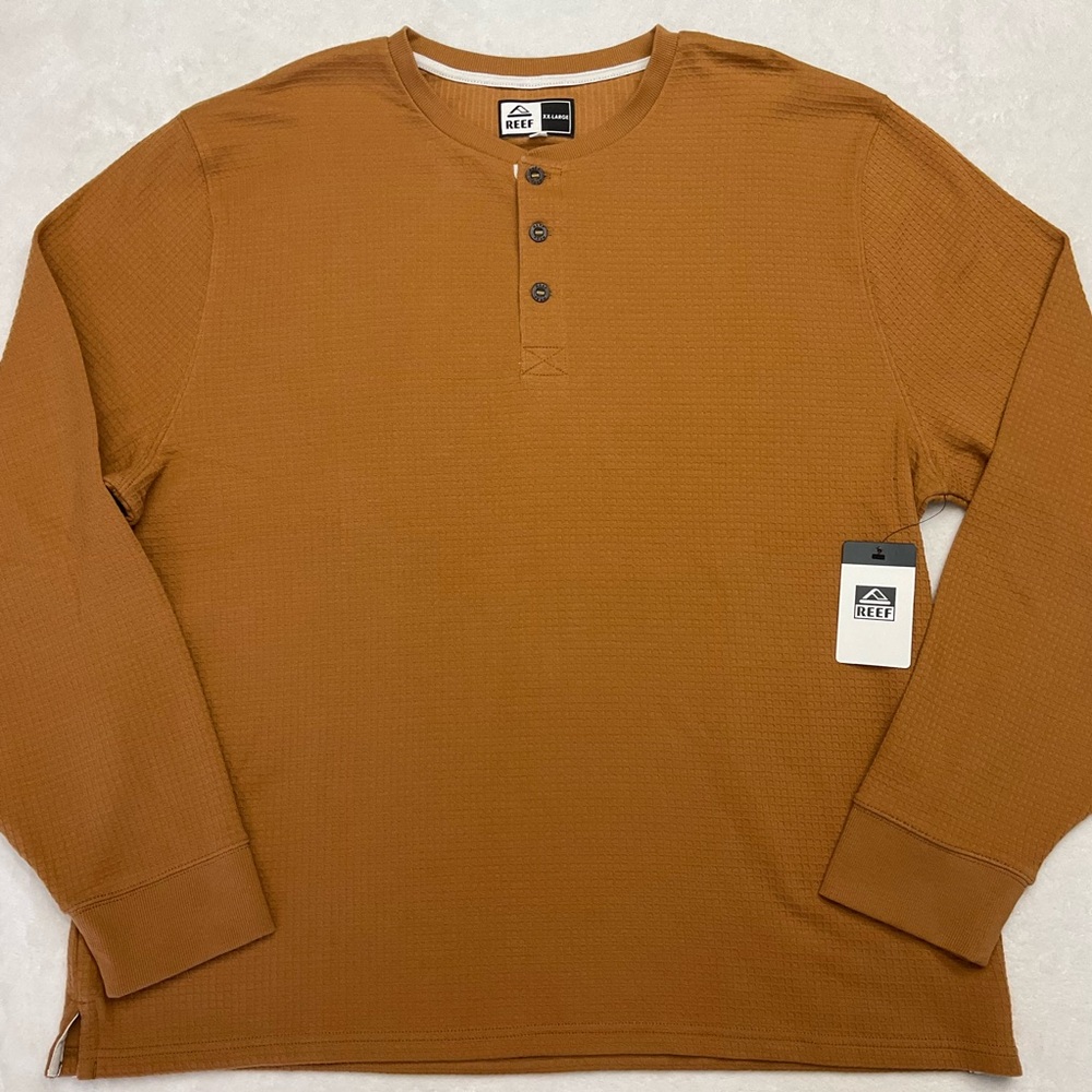 NWT REEF Camel Brown Waffle Knit Henley Long Sleeve Shirt Mens XXL 3FMKL0795